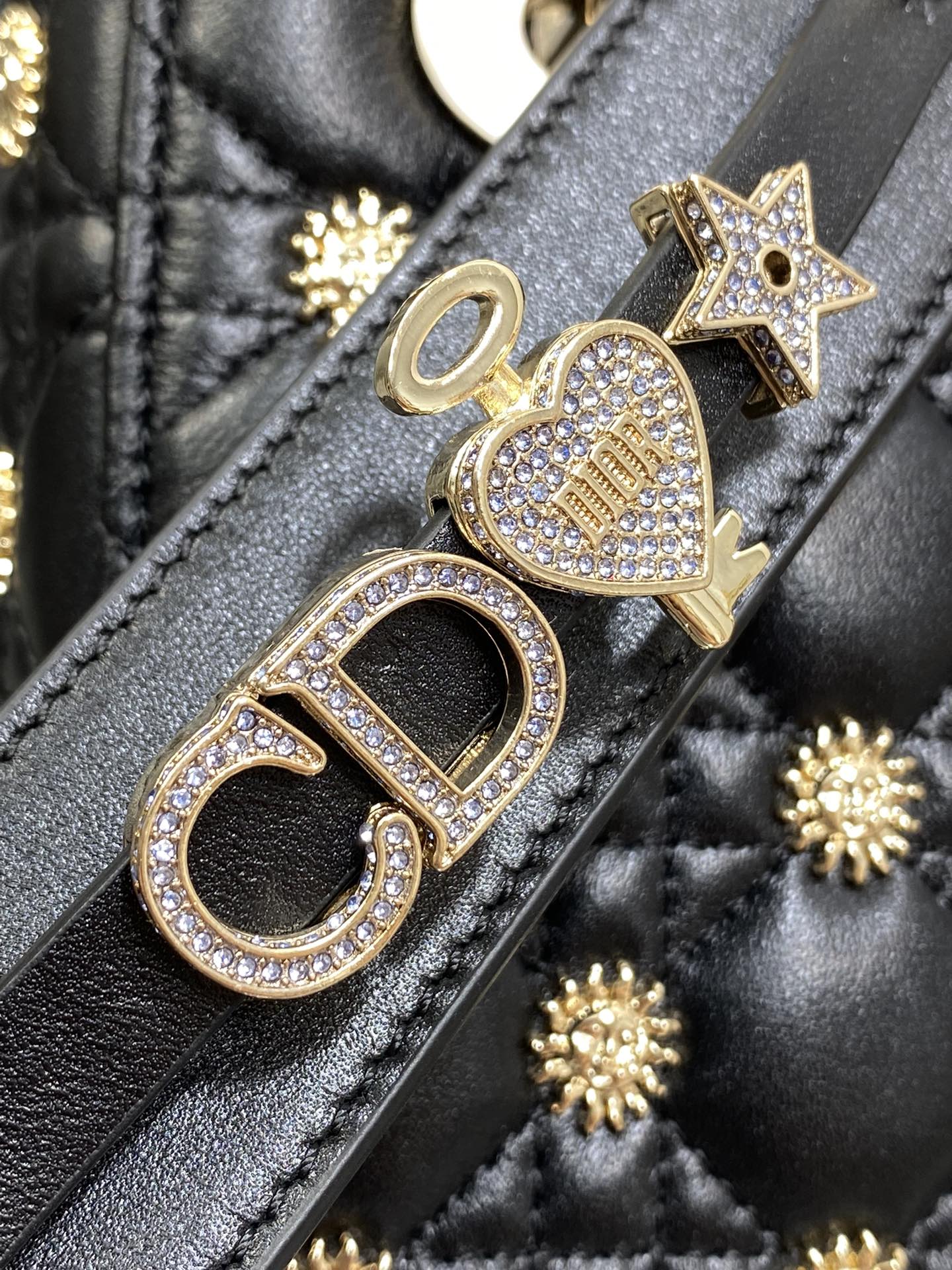 [TOP] Christian Dior Sun studded Lady Dior Bags 20cm - Black&GHW