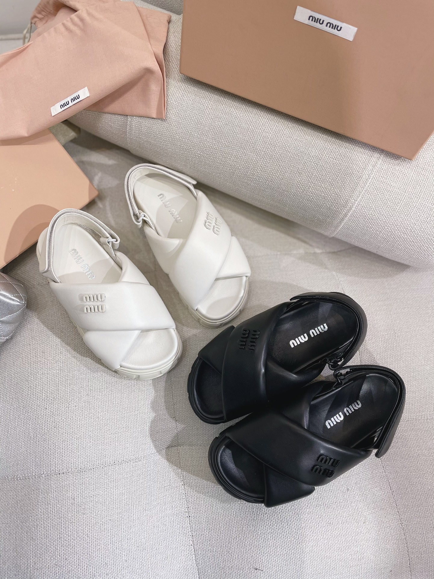 [TOP] Miu Miu Soft Lambskin Cross Strap Thick Sole Sandals - 2 Colors