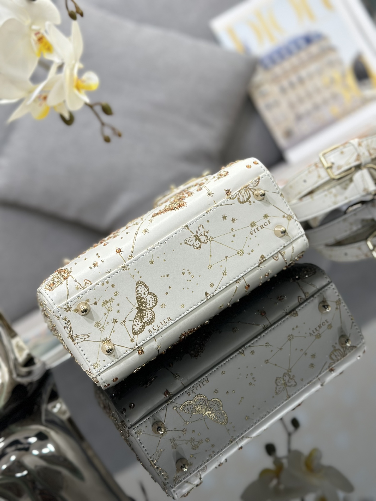 [TOP] Christian Dior Sun Studded Lady Dior Bags 20x16.5x8cm - White&GHW