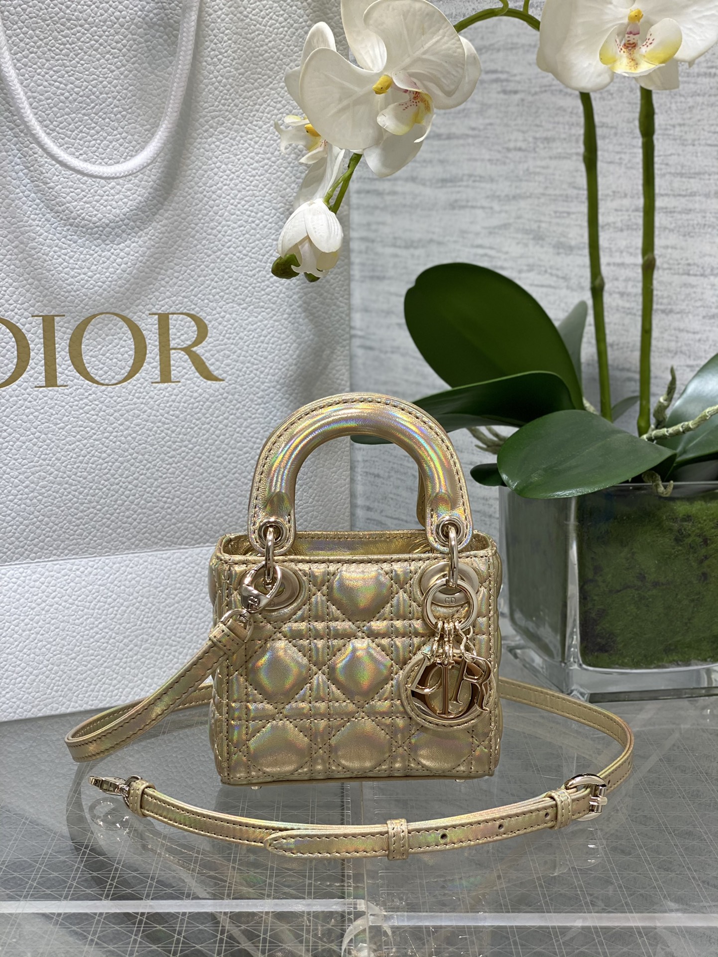 [TOP] Christian Dior Soft Lambskin Micro Mini Lady Dior Bags 12*10*5cm - Gold/Silvery&GHW