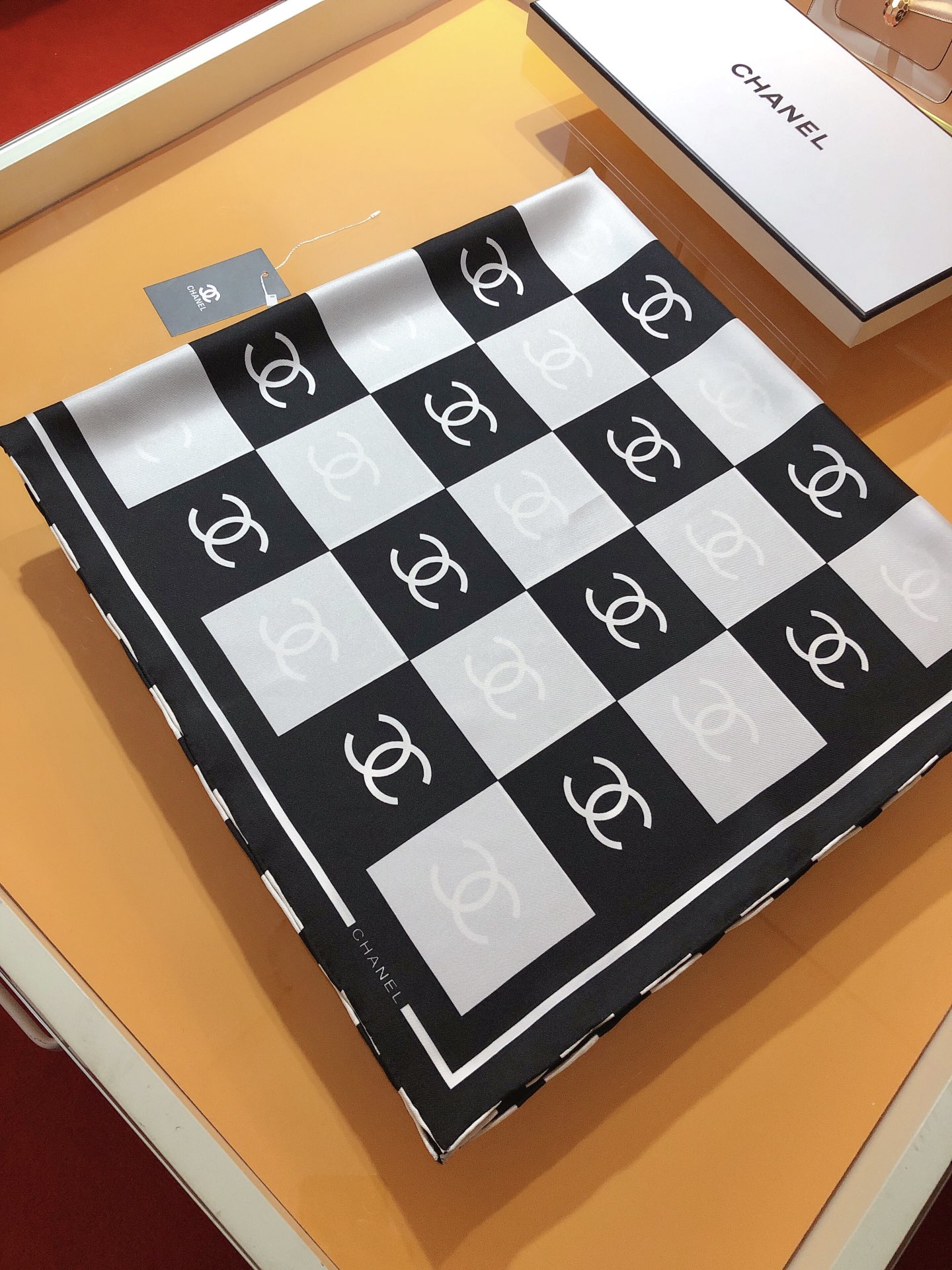 [TOP] CHANEL Checkerboard Silk Scarf 90 x 90 cm