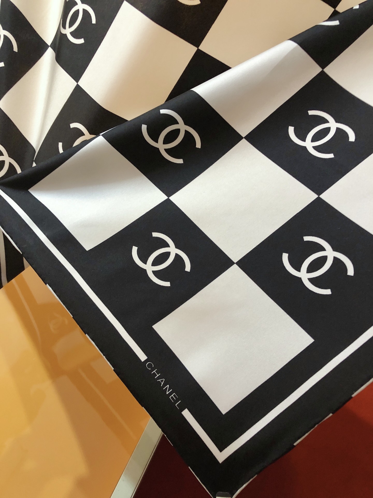 [TOP] CHANEL Checkerboard Silk Scarf 90 x 90 cm