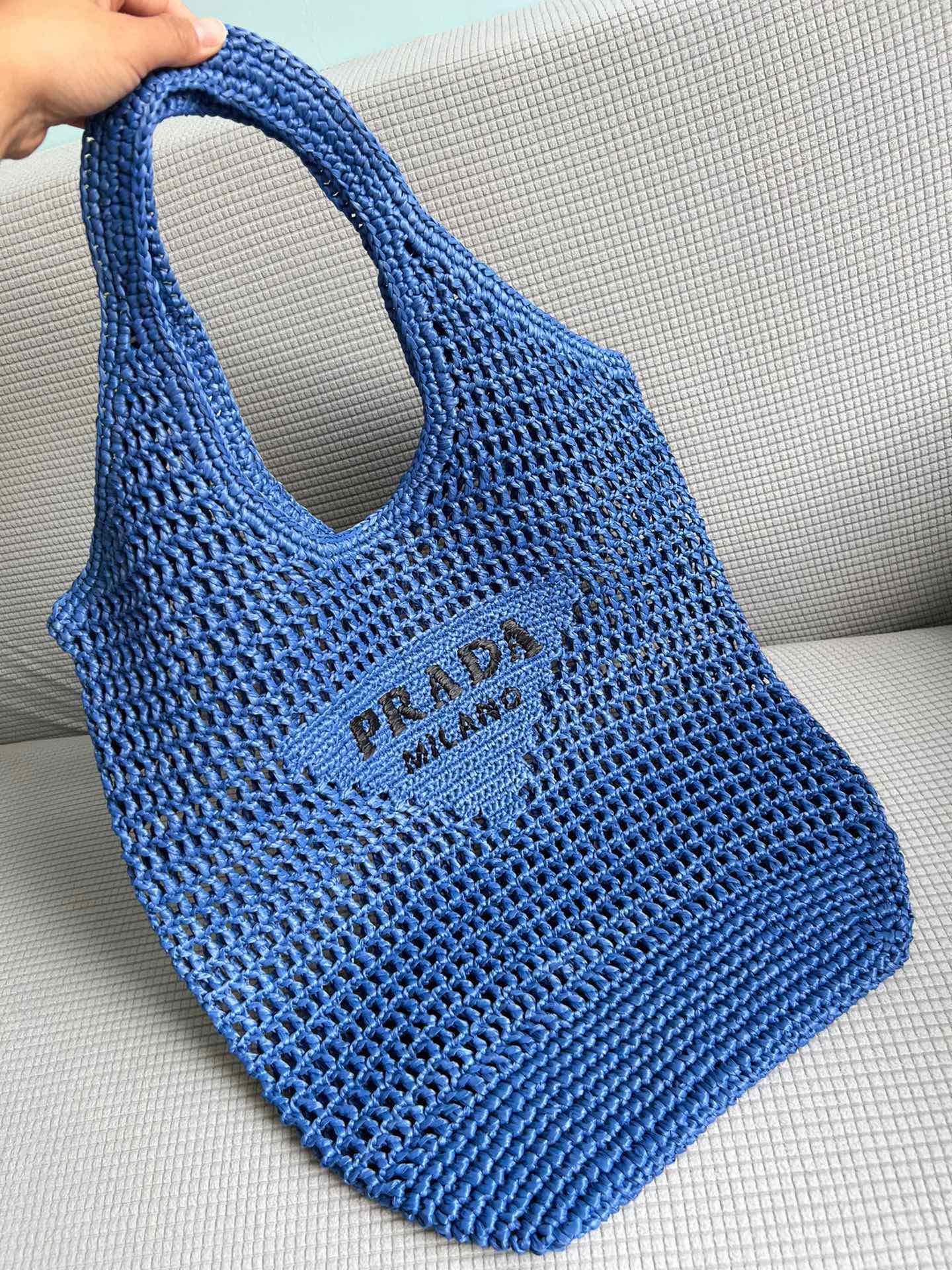 [TOP] PRADA Straw Shopping Bag 39x34cm - Blue