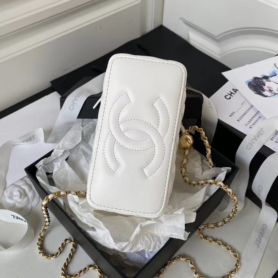 [TOP] CHANEL Vanity Case Top Bag with Gold Ball 17x9.5x8cm - White