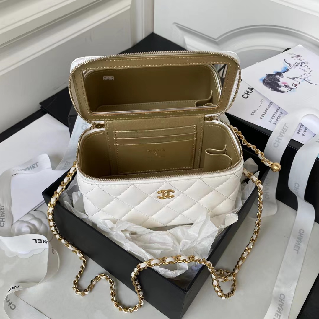 [TOP] CHANEL Vanity Case Top Bag with Gold Ball 17x9.5x8cm - White