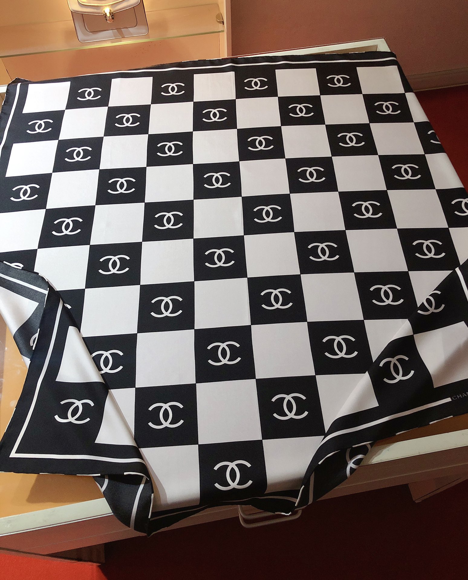 [TOP] CHANEL Checkerboard Silk Scarf 90 x 90 cm