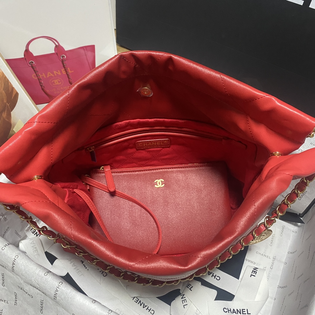 [TOP] CHANEL Chain Tote 22 Bags 19x20x6cm/35x37x7cm - Red&GHW