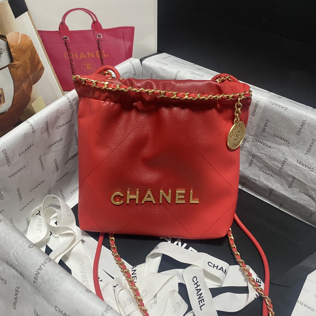 [TOP] CHANEL Chain Tote 22 Bags 19x20x6cm/35x37x7cm - Red&GHW