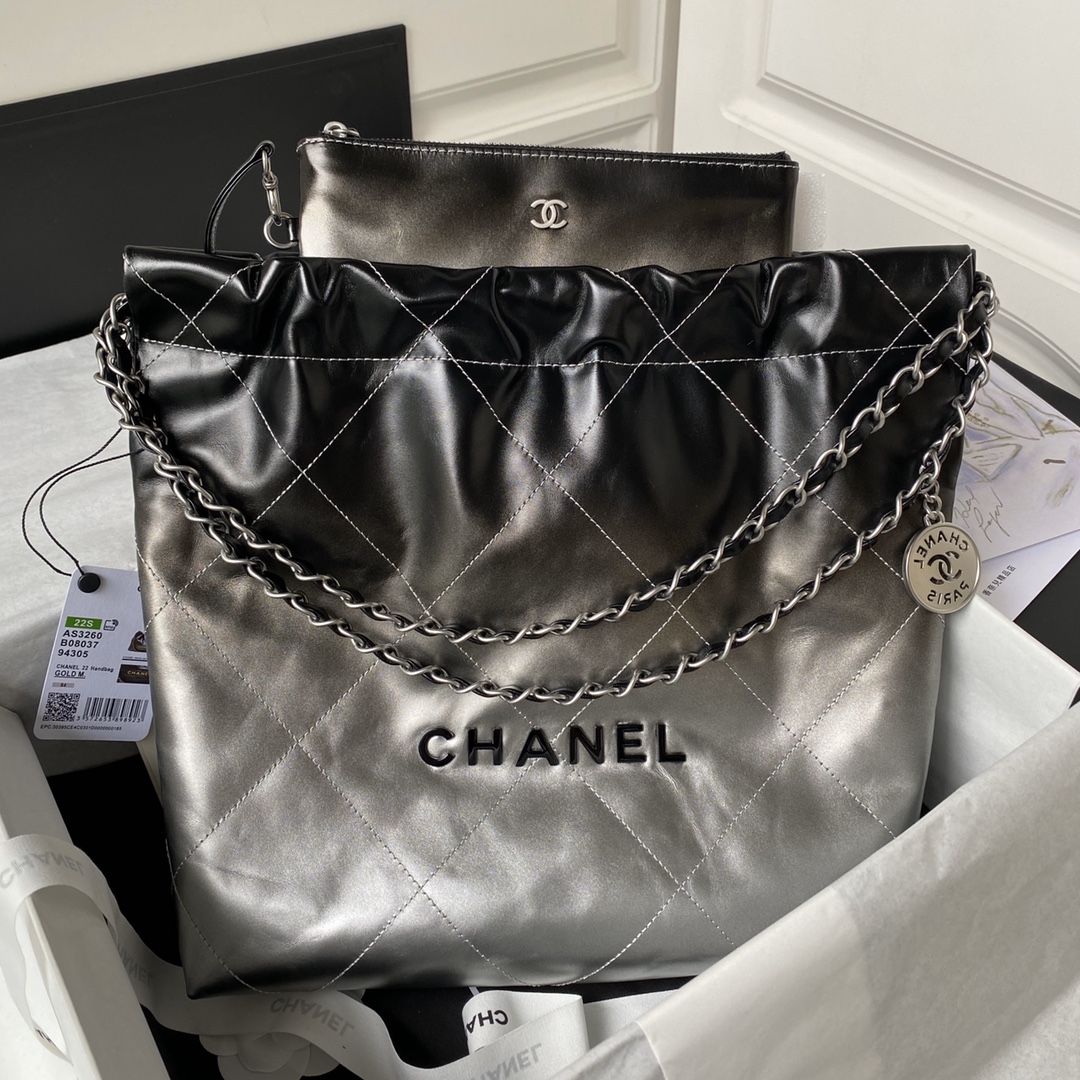 [TOP] CHANEL Gradient Shiny 22 Bags 35x37x7cm/39×42×8cm - Black Paired With Silver&SHW