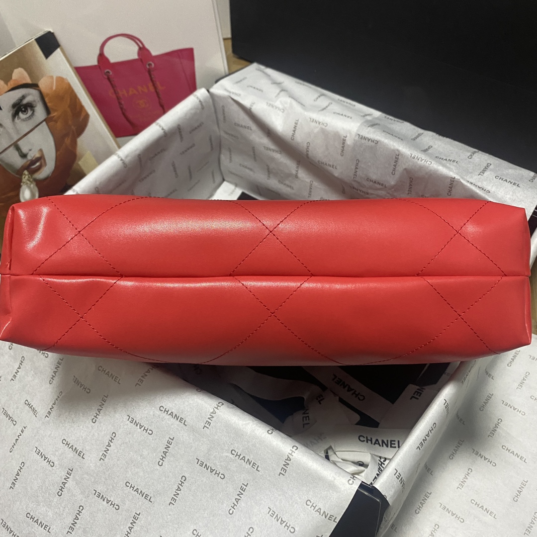 [TOP] CHANEL Chain Tote 22 Bags 19x20x6cm/35x37x7cm - Red&GHW