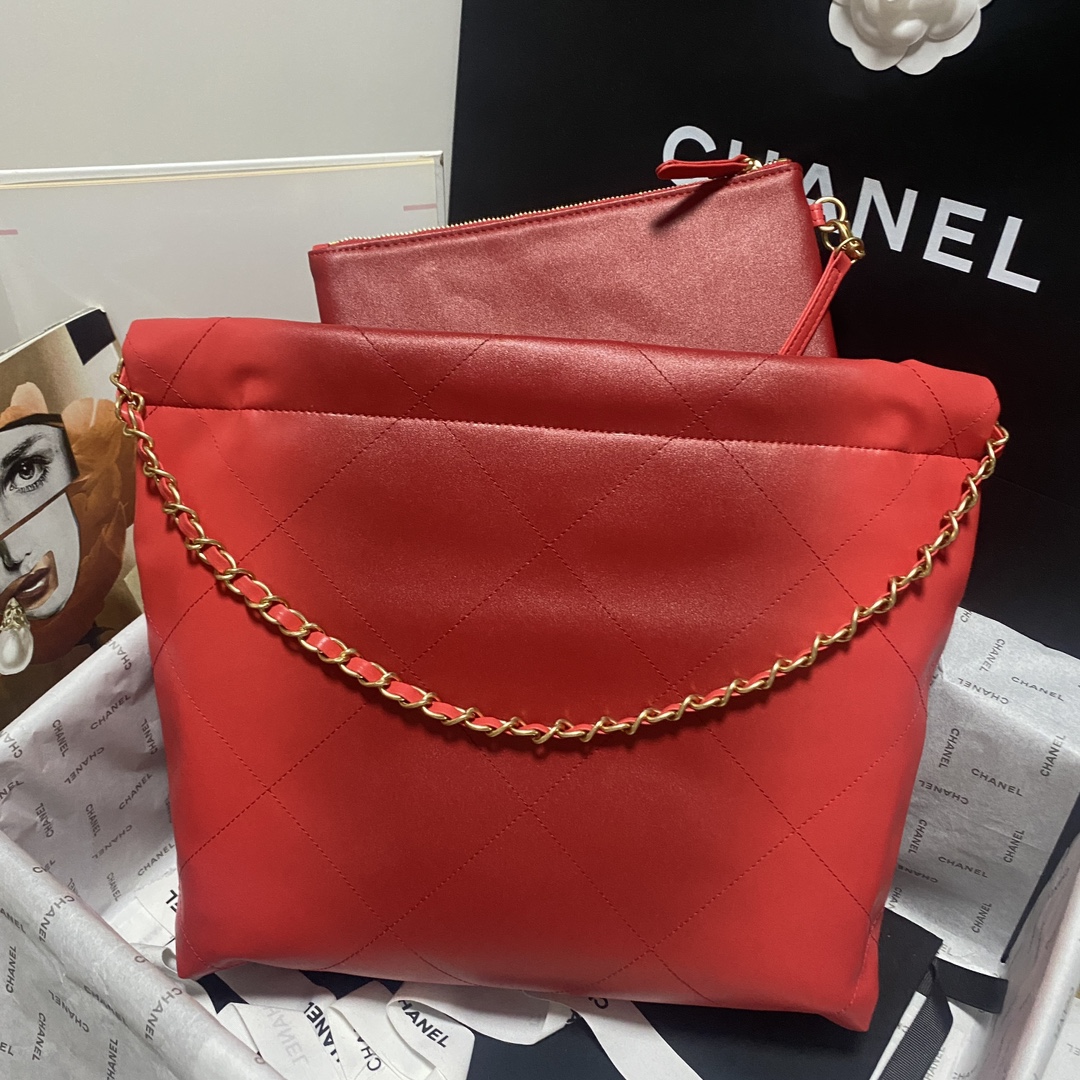 [TOP] CHANEL Chain Tote 22 Bags 19x20x6cm/35x37x7cm - Red&GHW