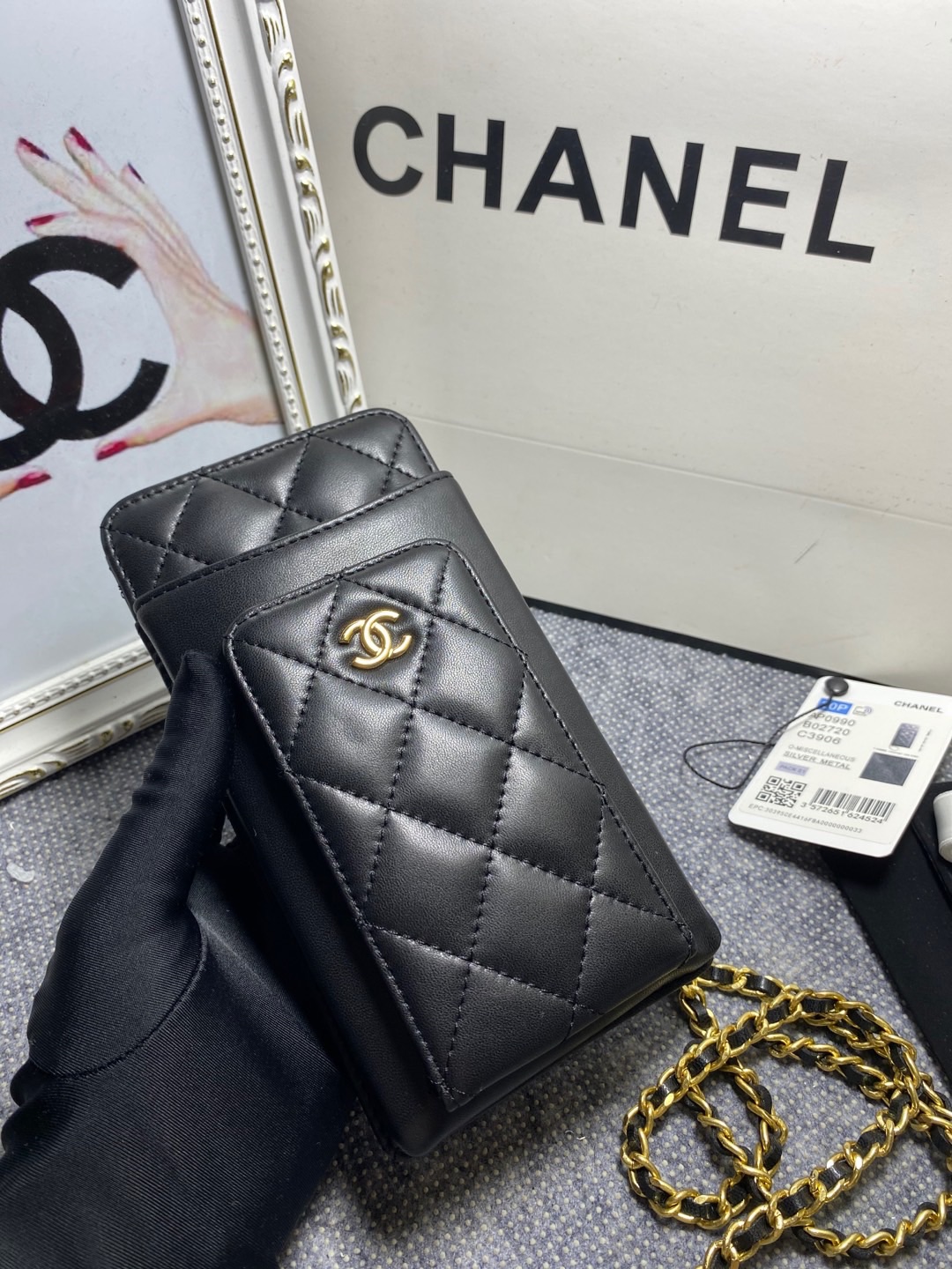 [TOP] CHANEL Lambskin Mobile Phone Bags 18.2*9*3cm - SHW&GHW - Black