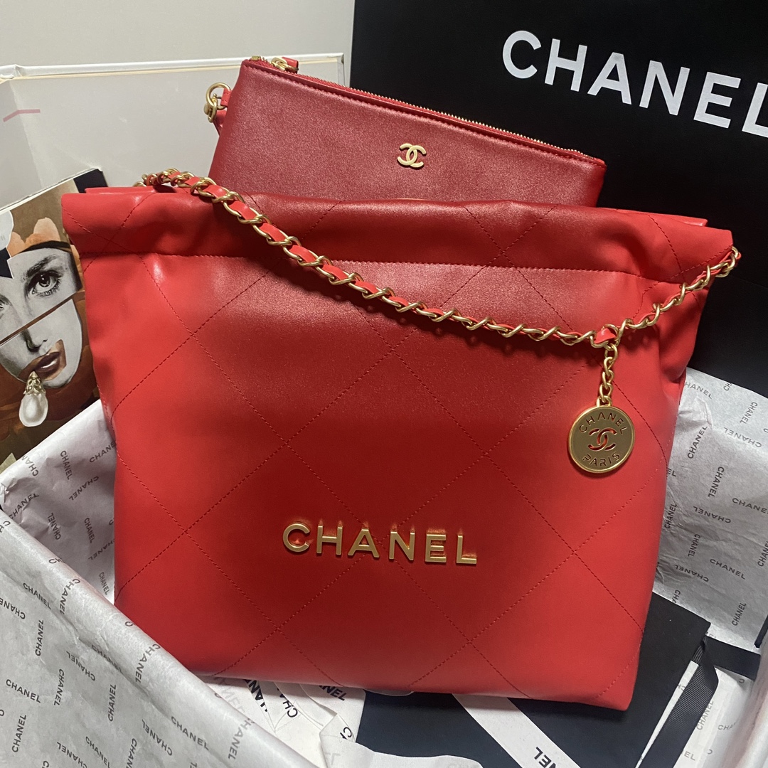 [TOP] CHANEL Chain Tote 22 Bags 19x20x6cm/35x37x7cm - Red&GHW