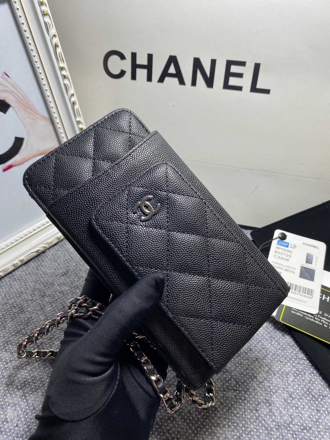 [TOP] CHANEL Caviar Mobile Phone Bags 18.2*9*3cm - SHW&GHW - Black