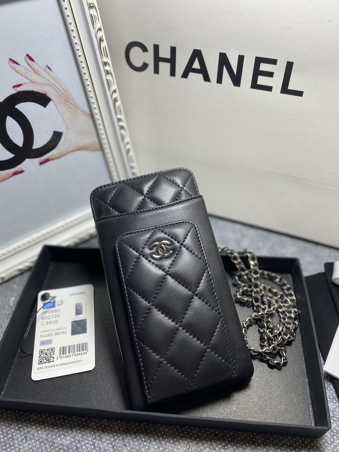 [TOP] CHANEL Lambskin Mobile Phone Bags 18.2*9*3cm - SHW&GHW - Black