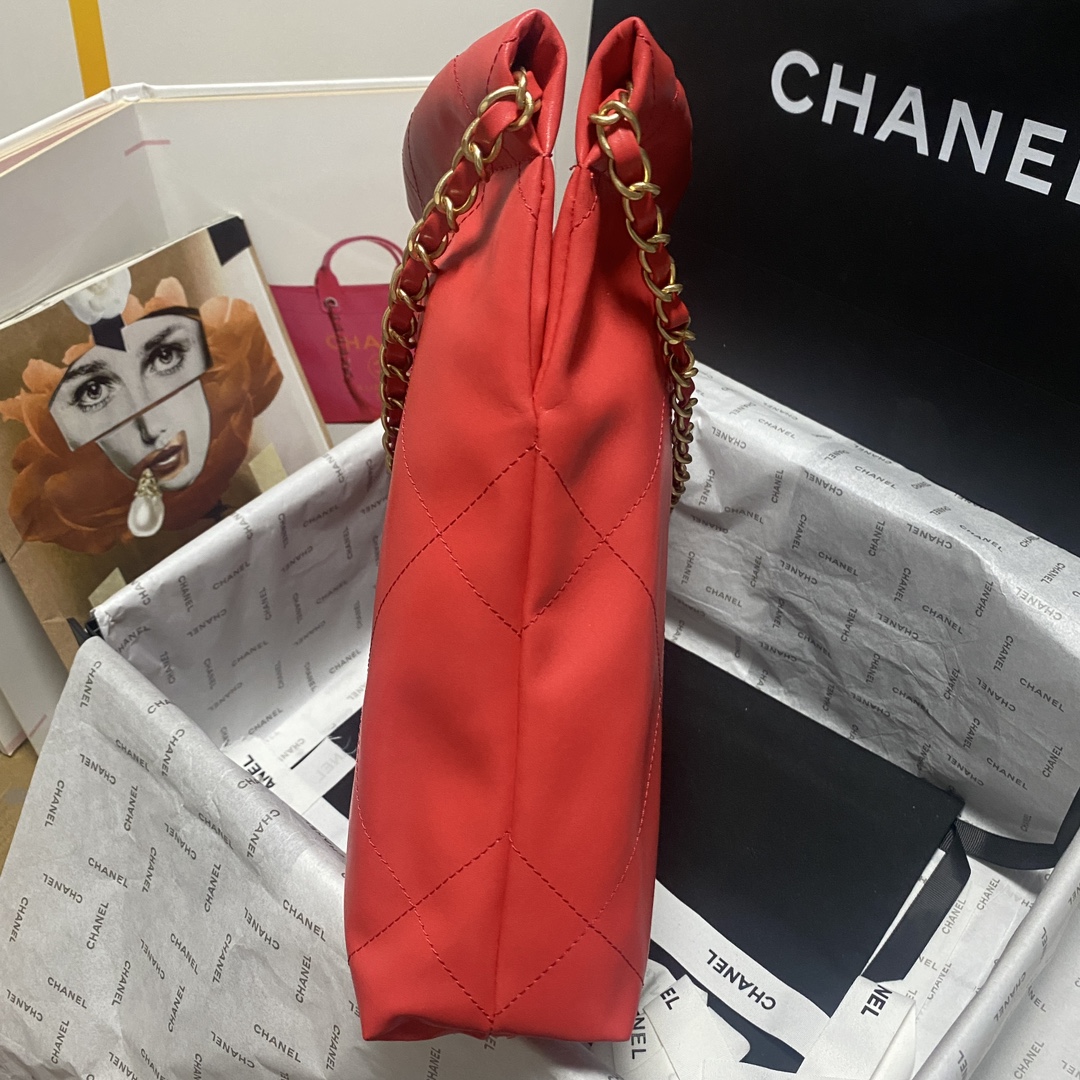[TOP] CHANEL Chain Tote 22 Bags 19x20x6cm/35x37x7cm - Red&GHW