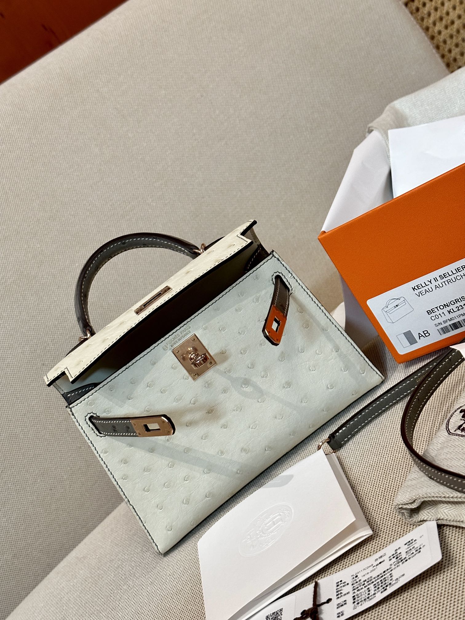 [TOP] HERMES Ostrich Skin Mini Kelly Bags - Gris Asphalt Paired With Beton - GHW
