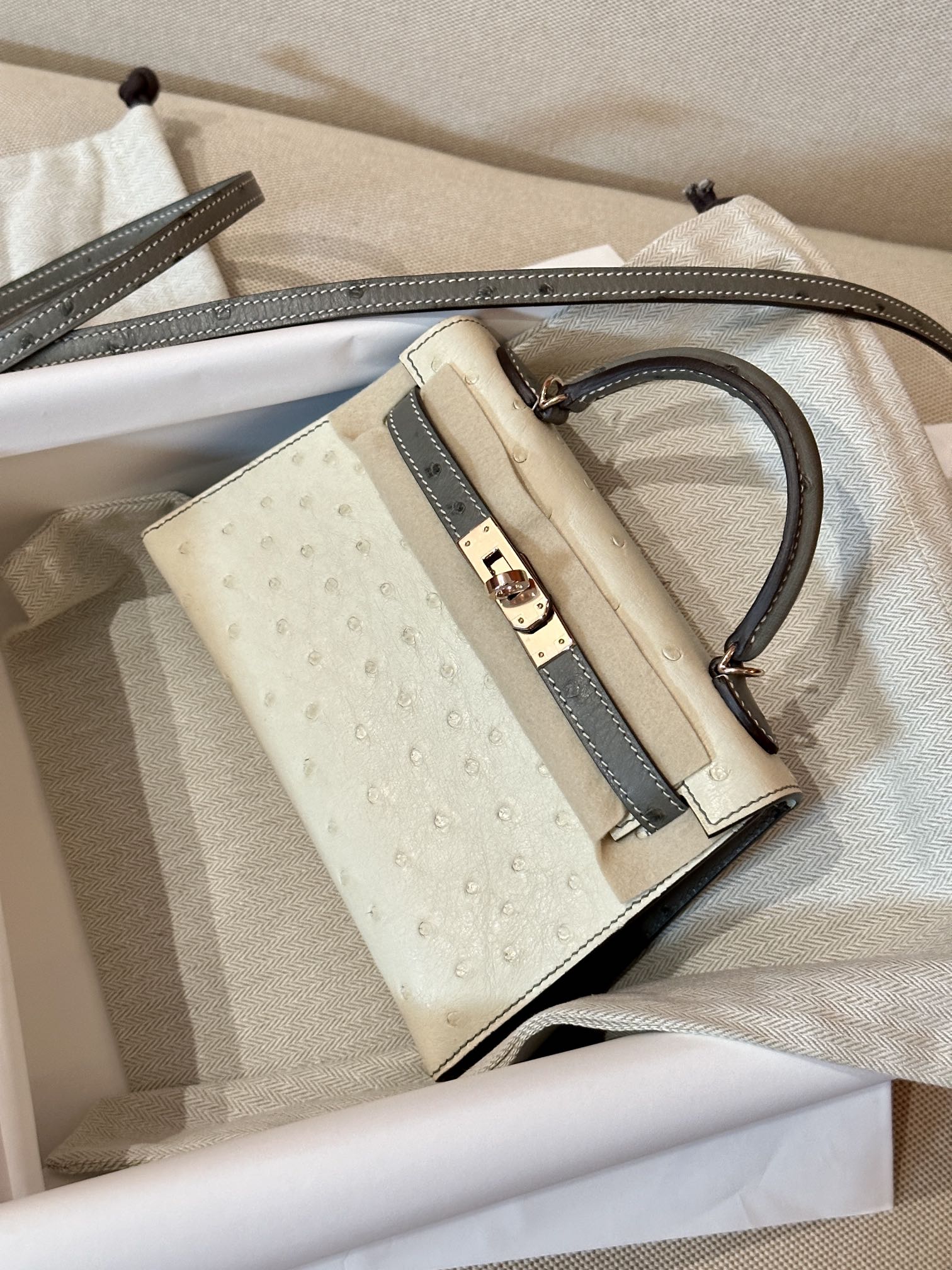 [TOP] HERMES Ostrich Skin Mini Kelly Bags - Gris Asphalt Paired With Beton - GHW