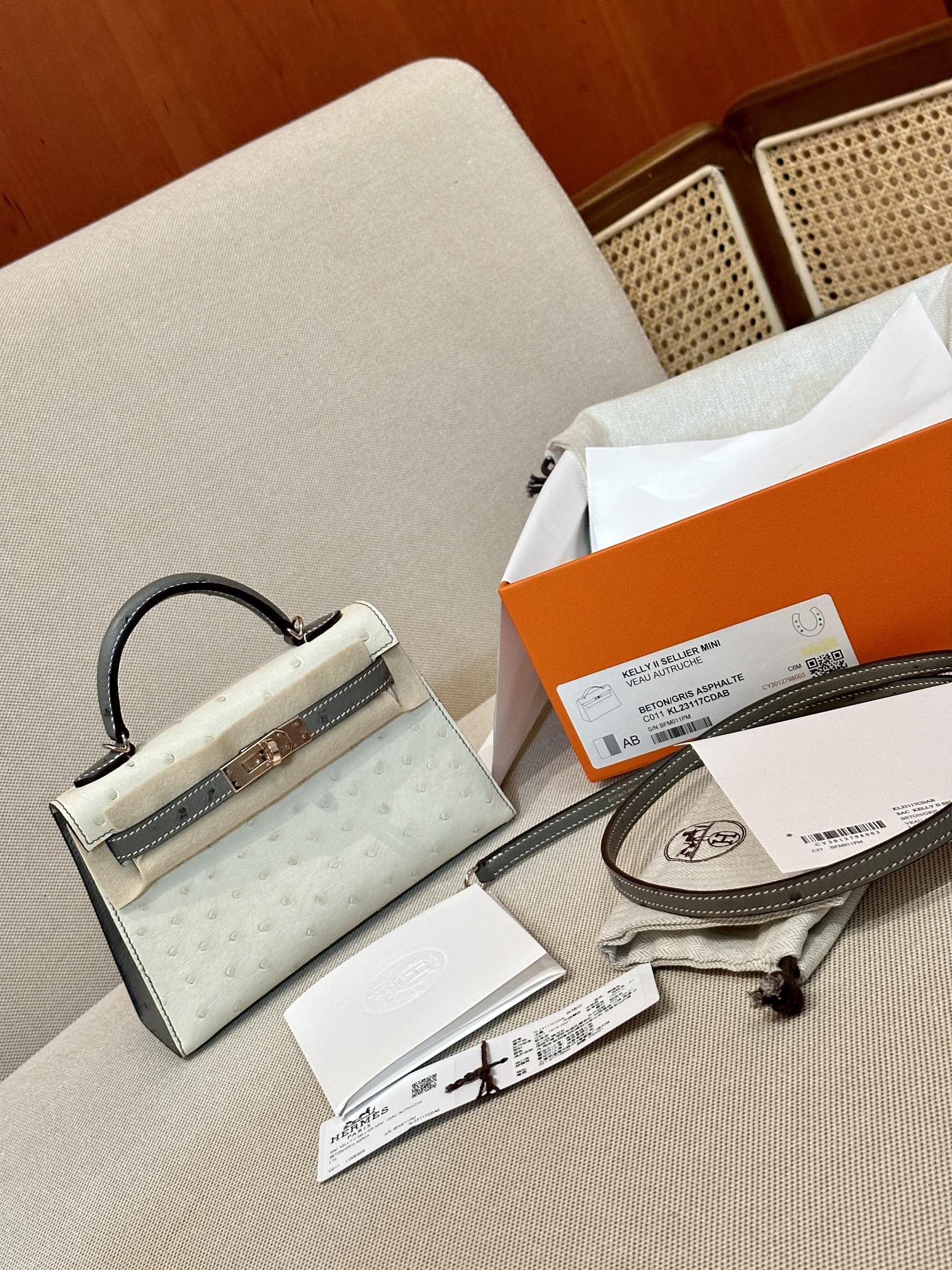 [TOP] HERMES Ostrich Skin Mini Kelly Bags - Gris Asphalt Paired With Beton - GHW