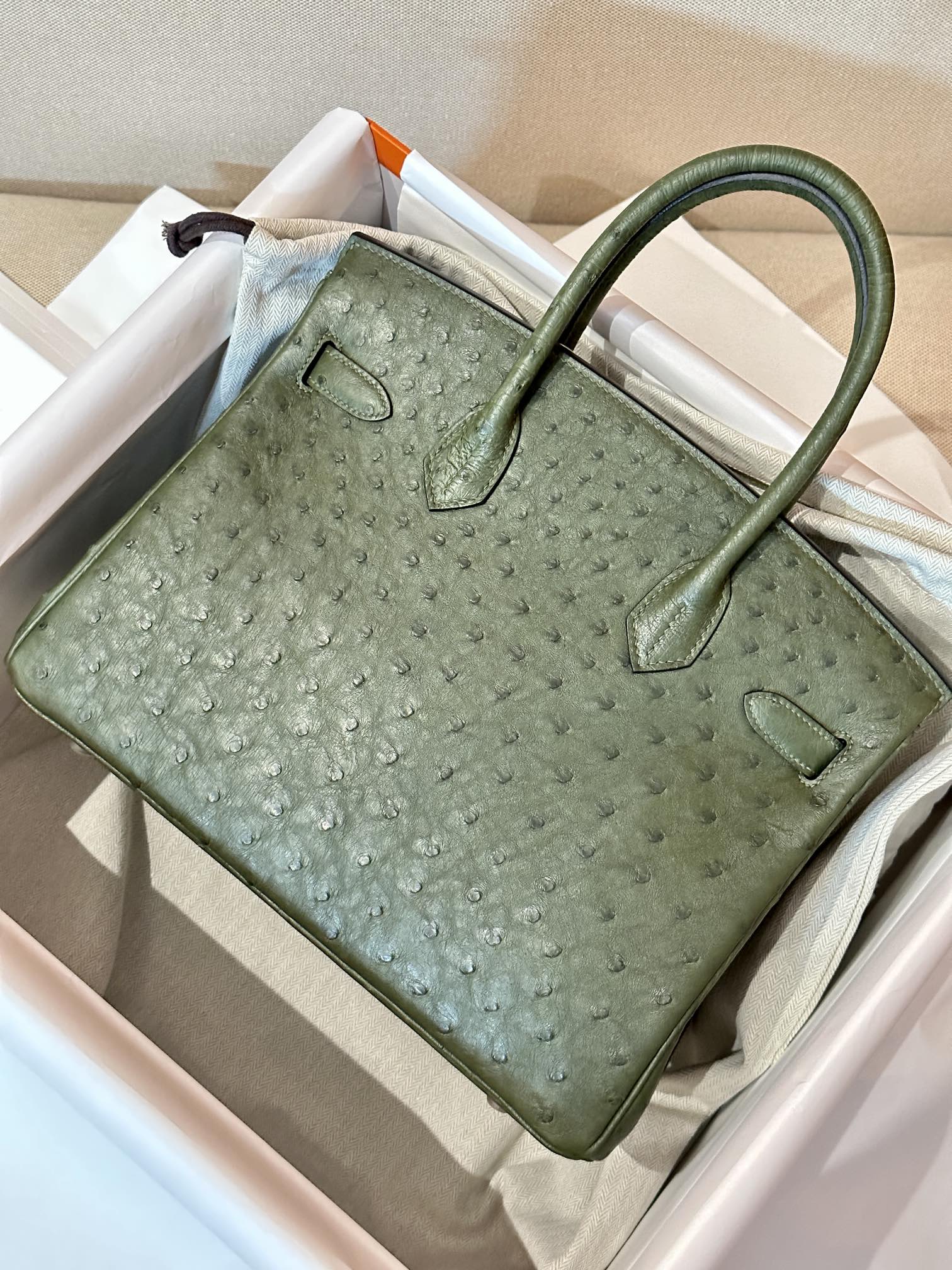 [TOP] HERMES Ostrich Skin Birkin Bags 30cm - Olive Green & SHW
