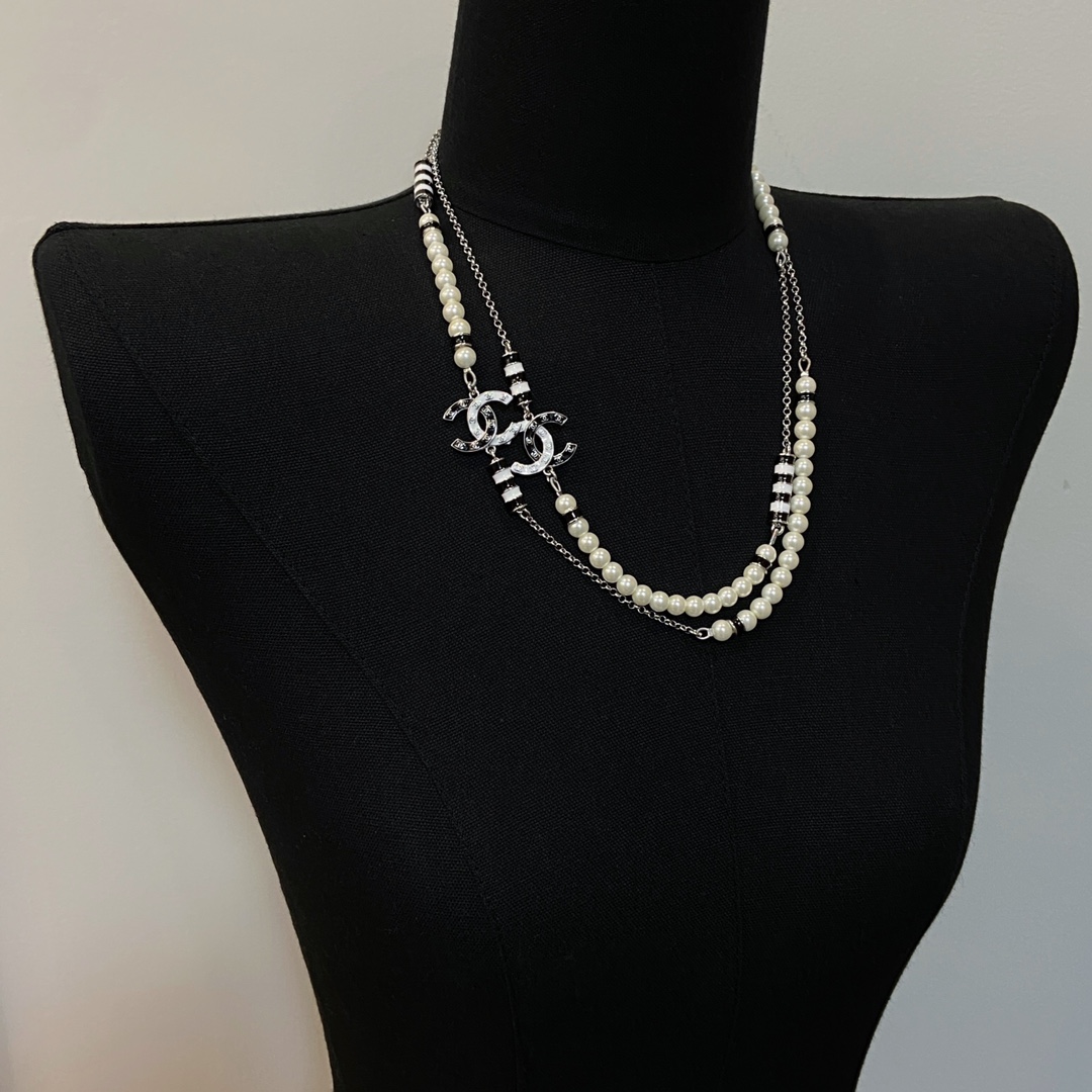 [TOP] CHANEL CC Sweater Chain with Pearl - Silver&Gold