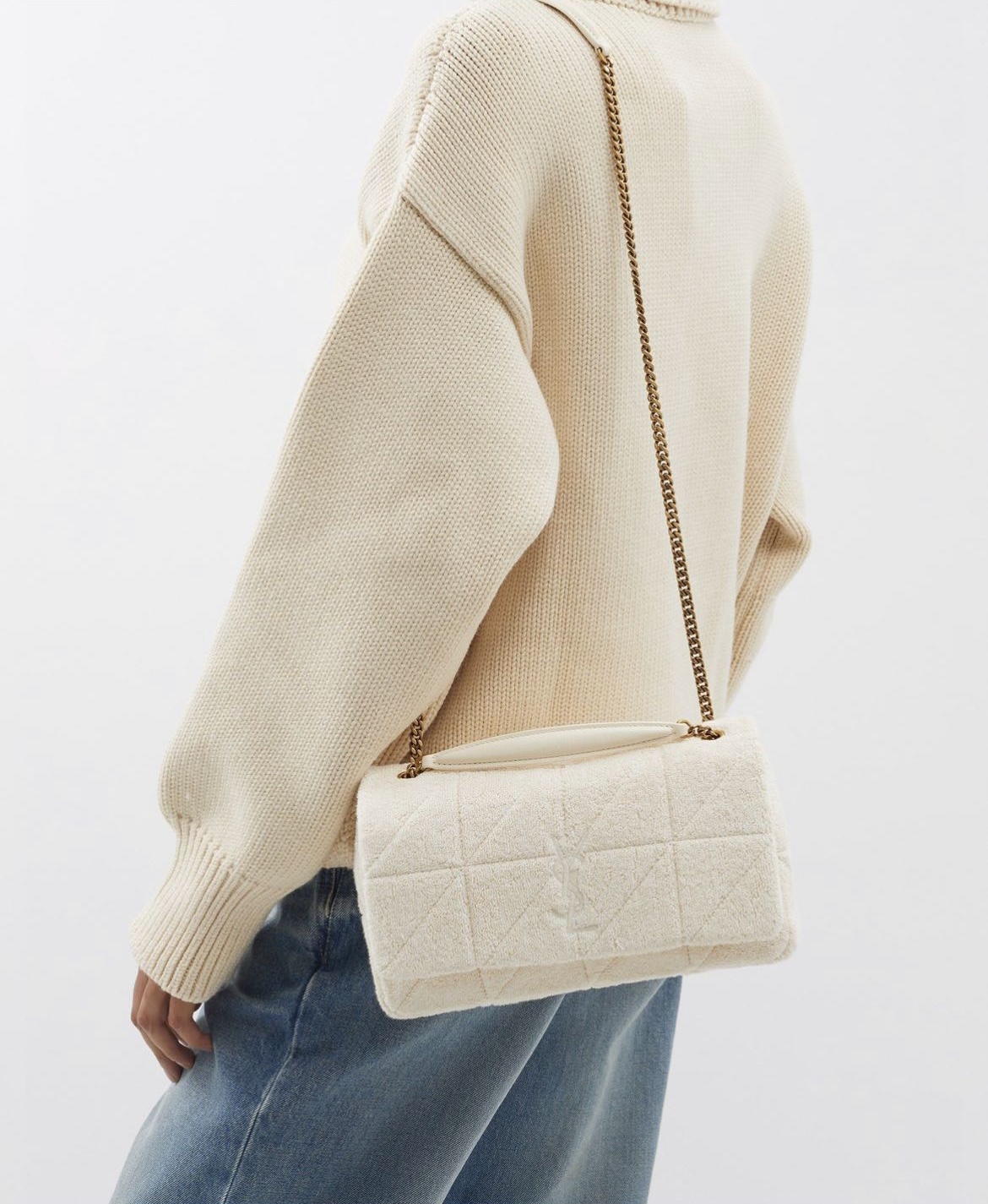 [TOP] Yves Saint Laurent YSL Knitted Towel Fabric With Calfskin Chain Bag 25×15×7.5cm - White