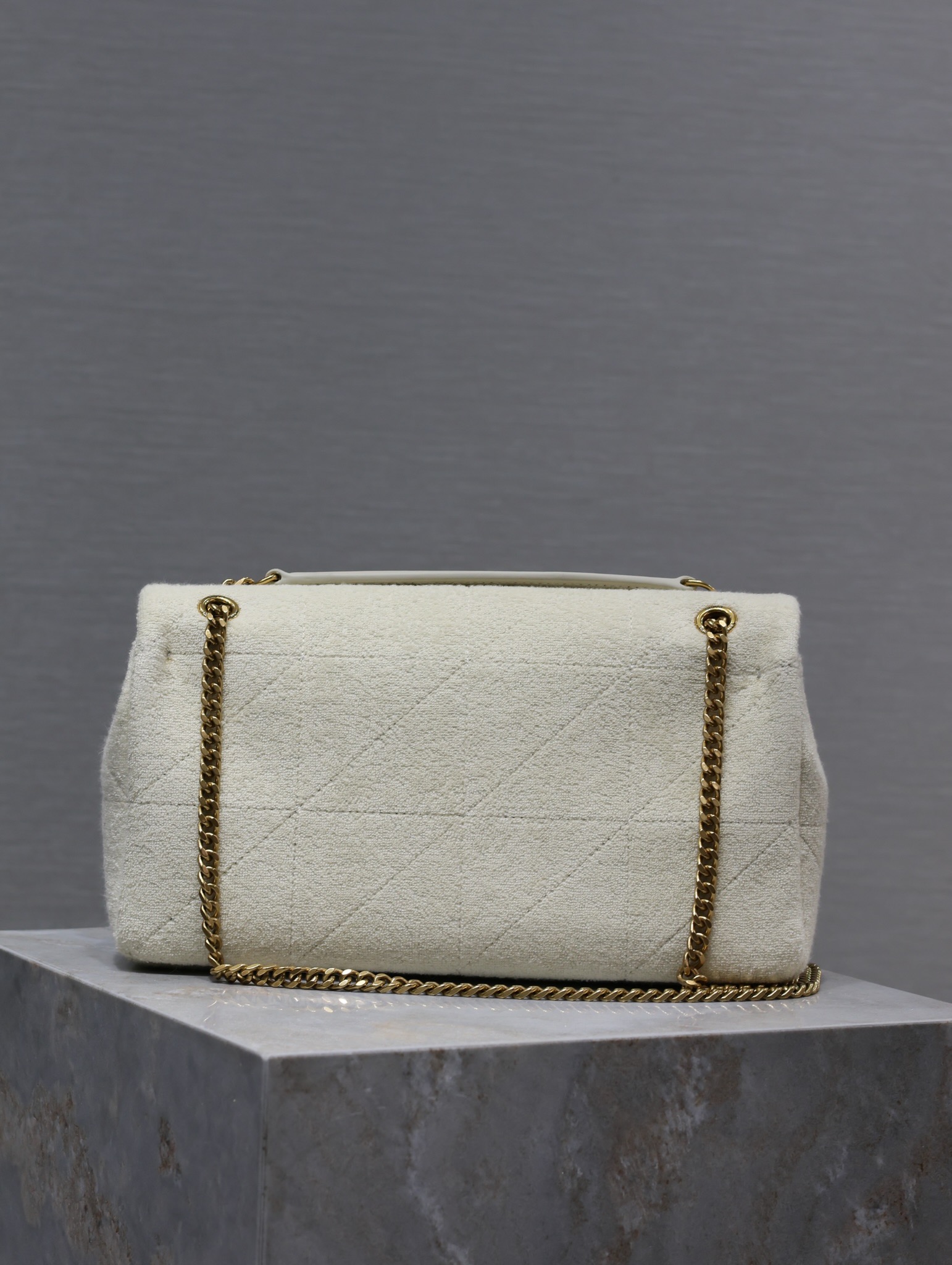 [TOP] Yves Saint Laurent YSL Knitted Towel Fabric With Calfskin Chain Bag 25×15×7.5cm - White