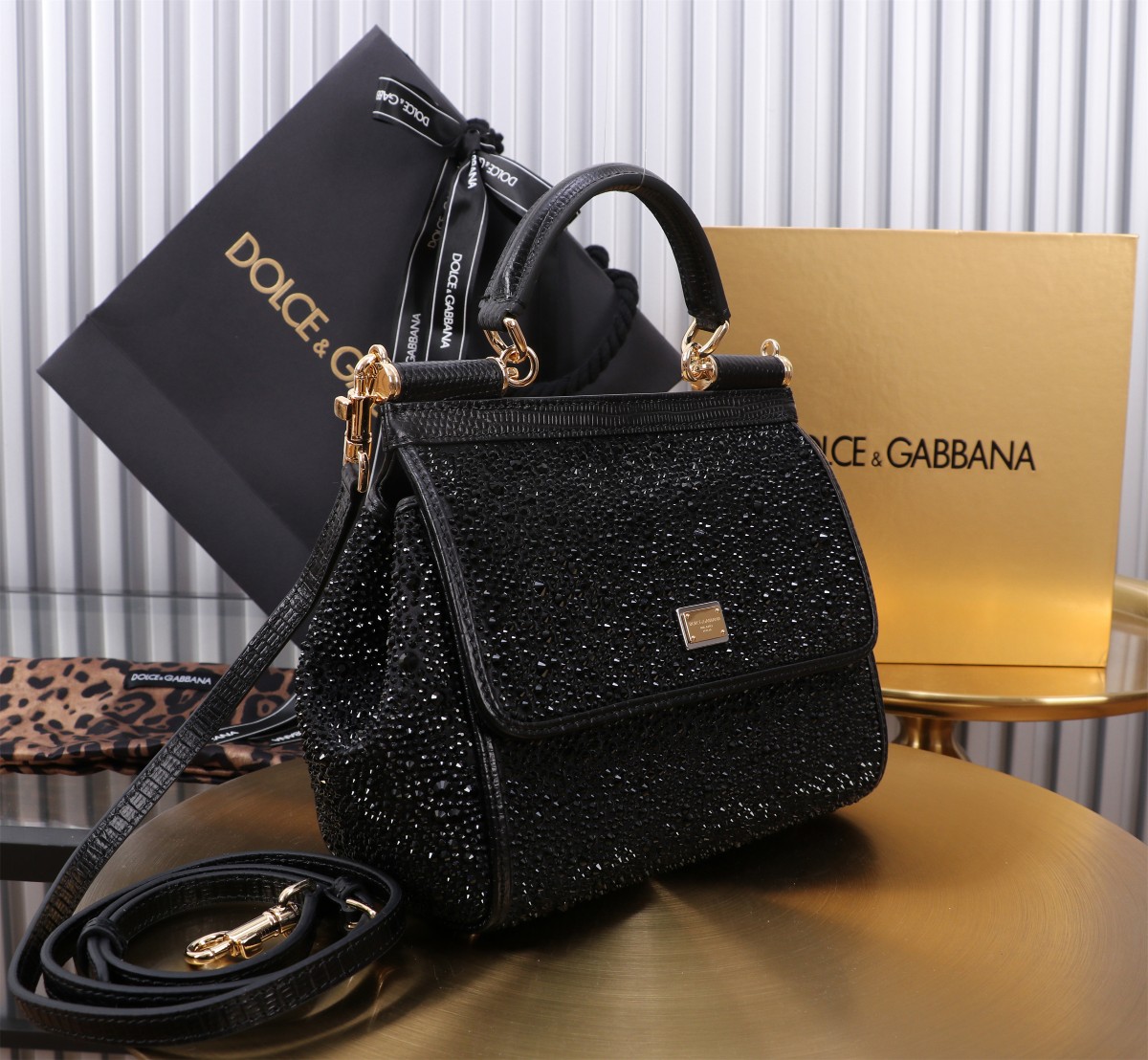 [TOP] Dolce & Gabbana D&G Rhinestone Calfskin Sicily Bags 14cm/18cm/20cm - Black - 3 Sizes