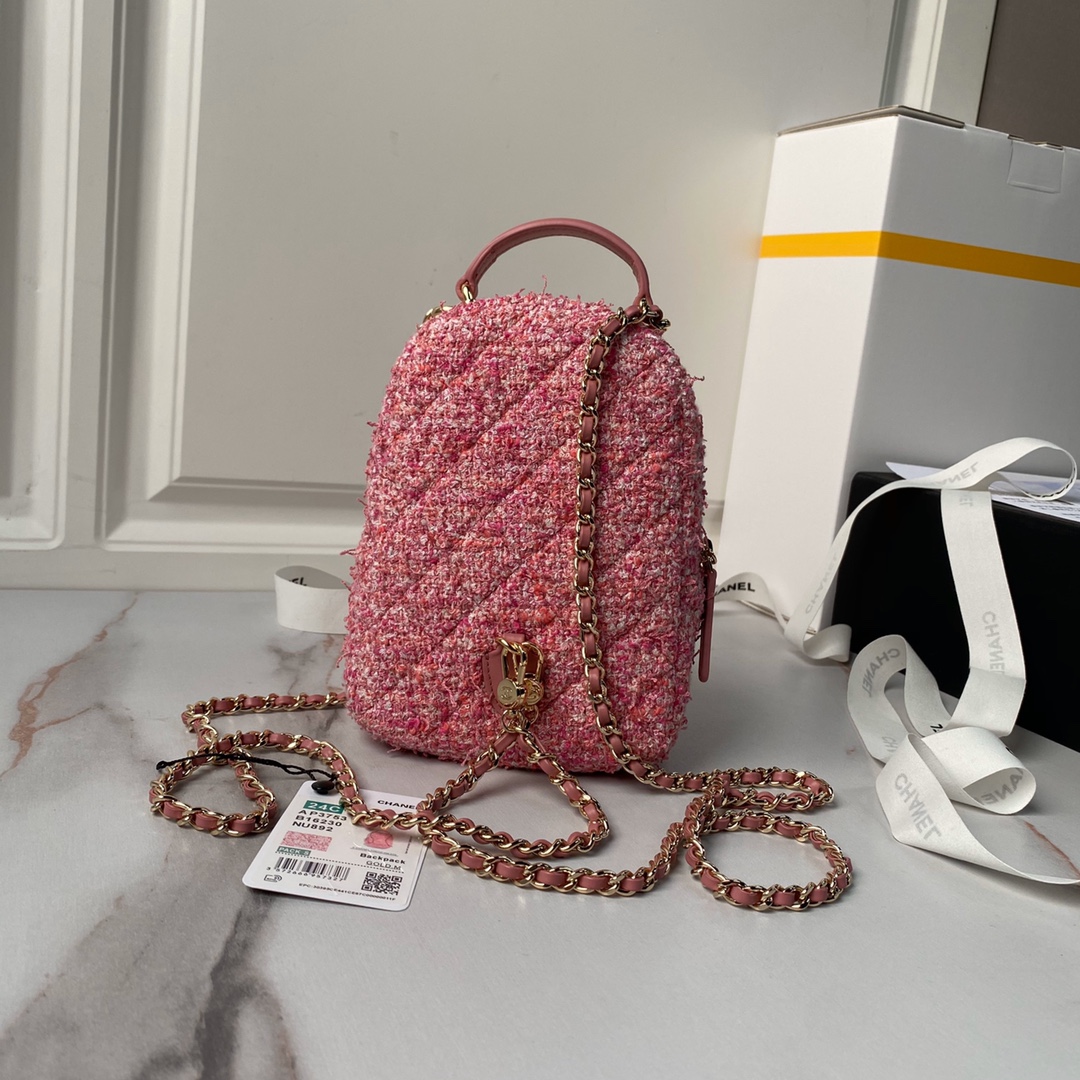 [TOP] CHANEL Backpack Woolen 18×13×9cm - Pink&GHW