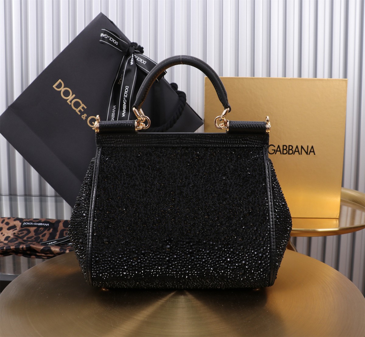 [TOP] Dolce & Gabbana D&G Rhinestone Calfskin Sicily Bags 14cm/18cm/20cm - Black - 3 Sizes