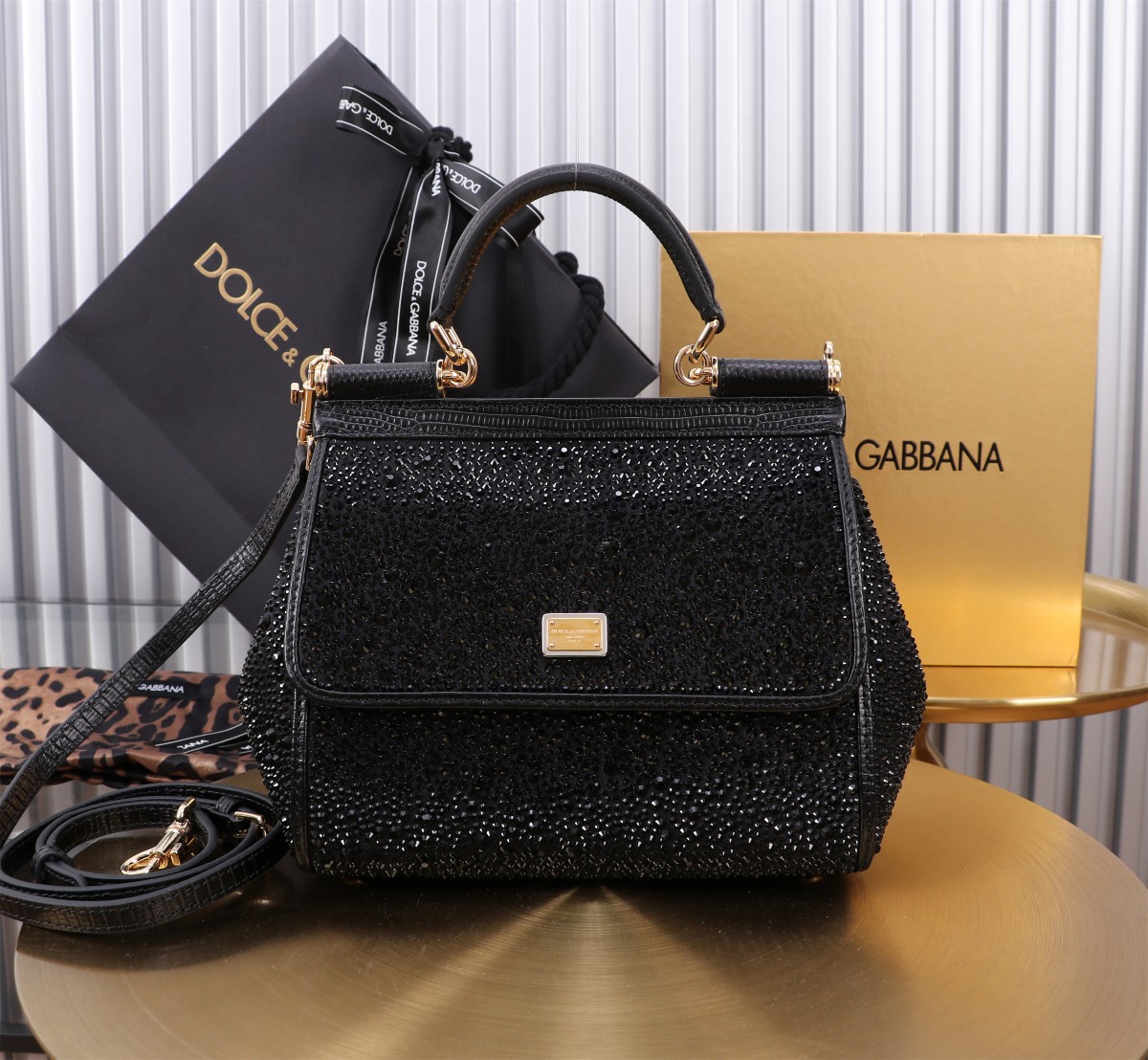 [TOP] Dolce & Gabbana D&G Rhinestone Calfskin Sicily Bags 14cm/18cm/20cm - Black - 3 Sizes
