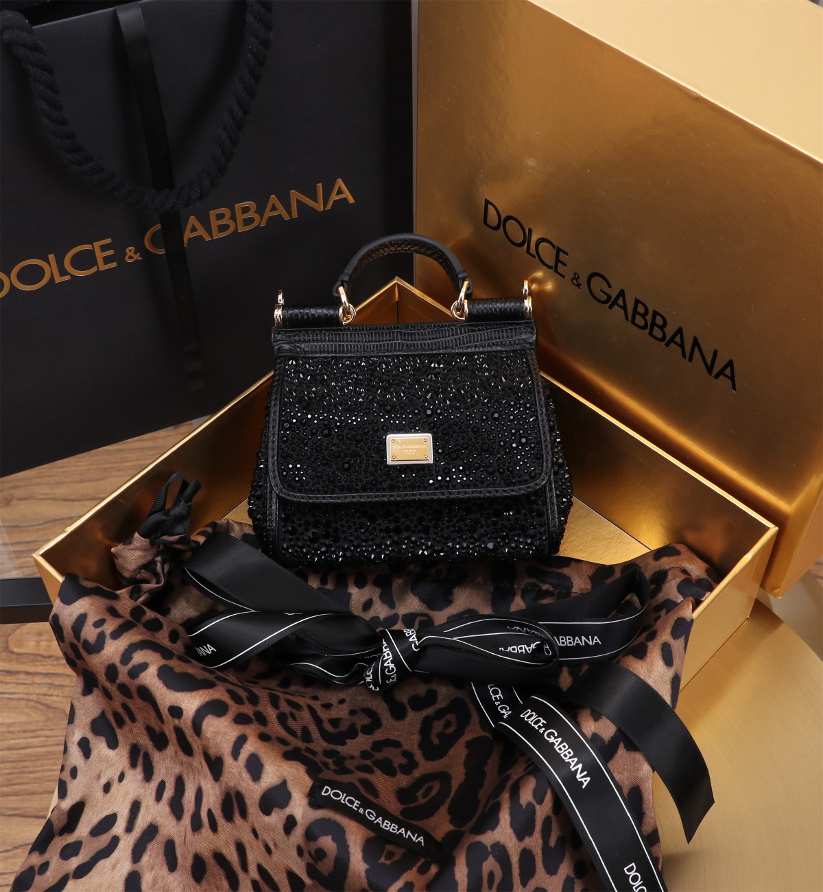 [TOP] Dolce & Gabbana D&G Rhinestone Calfskin Sicily Bags 14cm/18cm/20cm - Black - 3 Sizes
