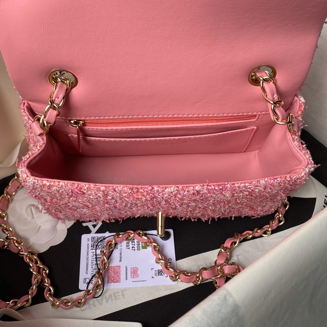 [TOP] CHANEL Classic Flap Bag Woolen 20cm/25cm - Pink&GHW