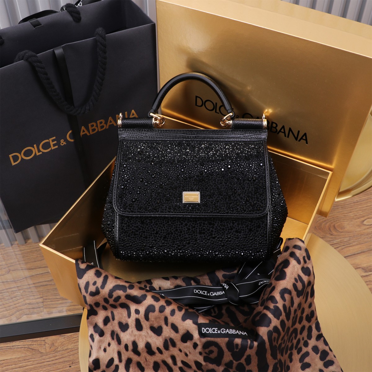 [TOP] Dolce & Gabbana D&G Rhinestone Calfskin Sicily Bags 14cm/18cm/20cm - Black - 3 Sizes