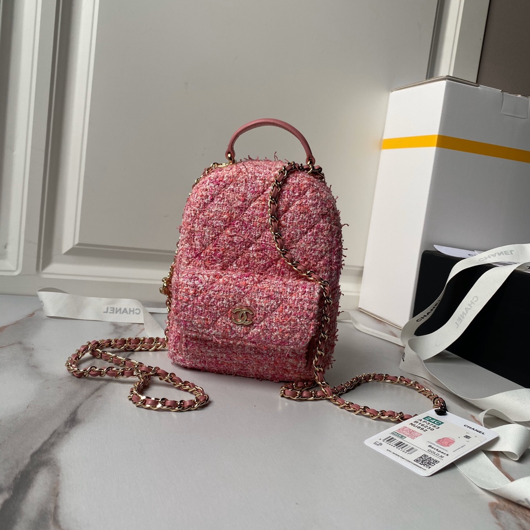 [TOP] CHANEL Backpack Woolen 18×13×9cm - Pink&GHW