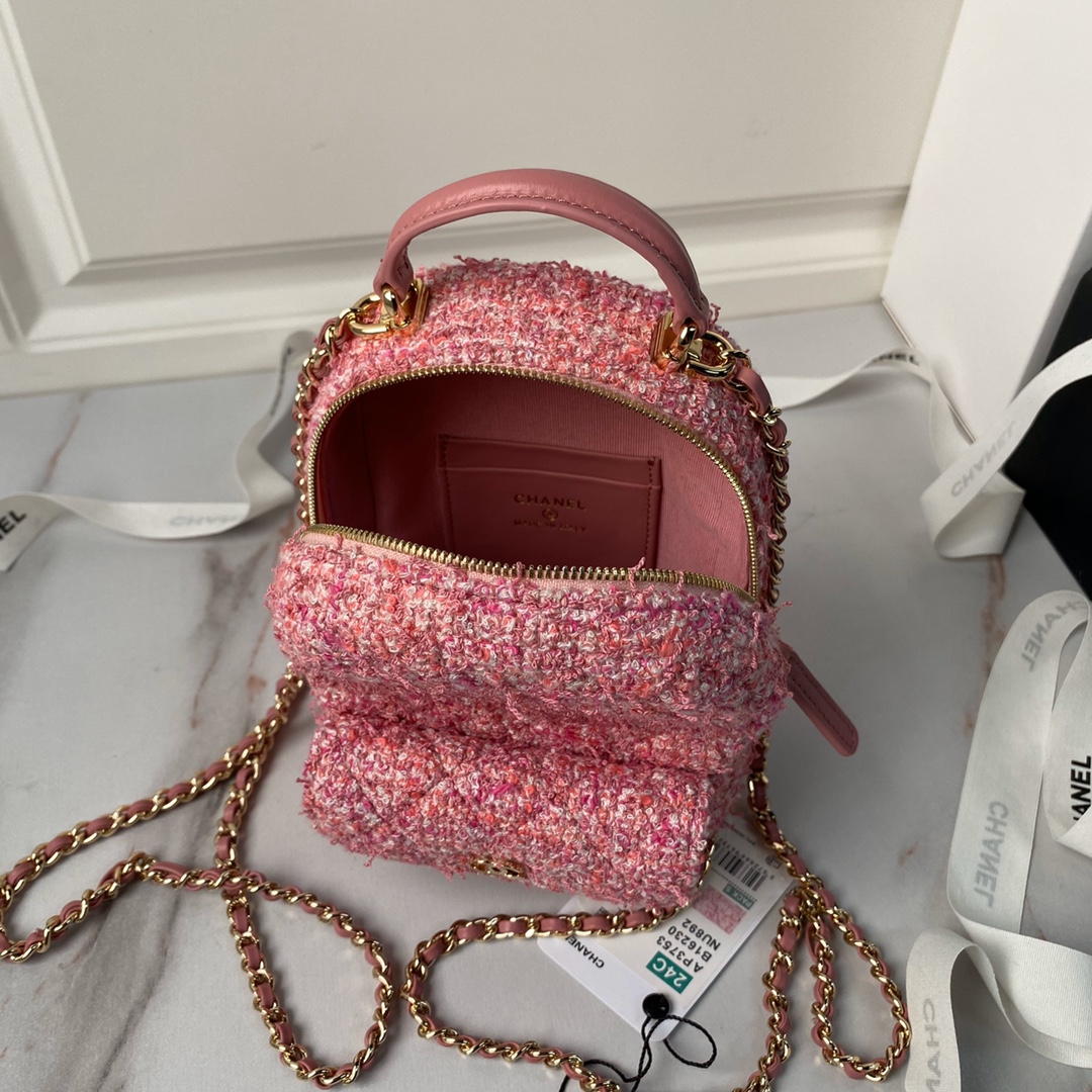 [TOP] CHANEL Backpack Woolen 18×13×9cm - Pink&GHW