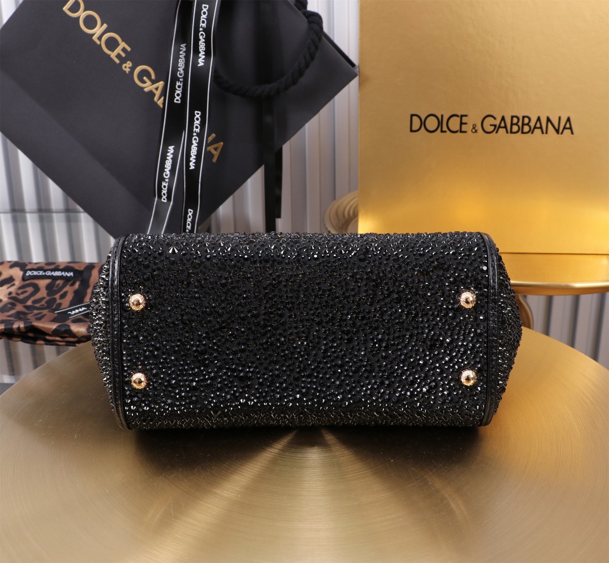 [TOP] Dolce & Gabbana D&G Rhinestone Calfskin Sicily Bags 14cm/18cm/20cm - Black - 3 Sizes