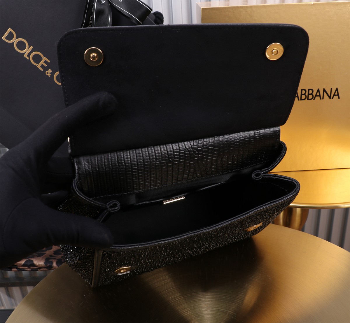 [TOP] Dolce & Gabbana D&G Rhinestone Calfskin Sicily Bags 14cm/18cm/20cm - Black - 3 Sizes