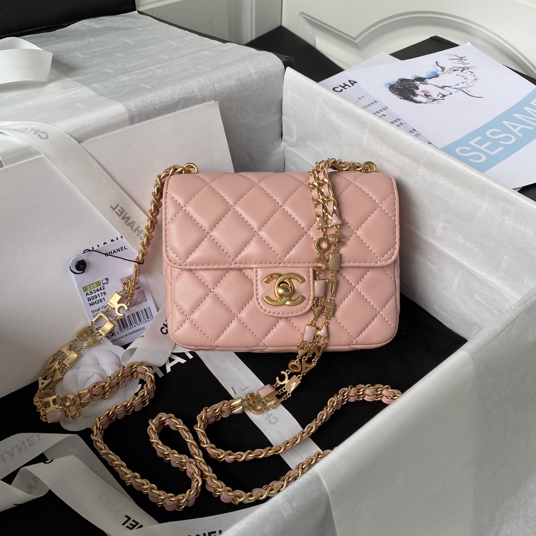 [TOP] CHANEL Flap Bag with Enamel Vintage Chain 16x12x5cm/20.5x17x6.5cm - Pink