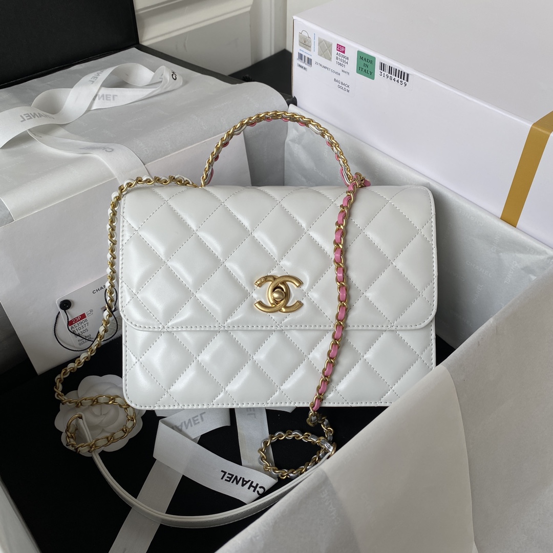 [TOP] CHANEL CoCo Handle Bag 22X16X9cm - White & GHW
