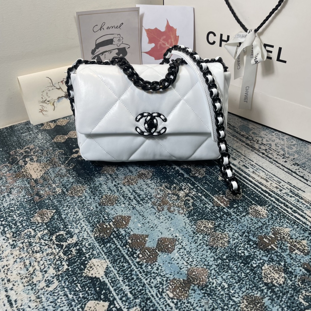 [TOP] CHANEL Lambskin 19 Bag 26x9x16cm - White&BHW