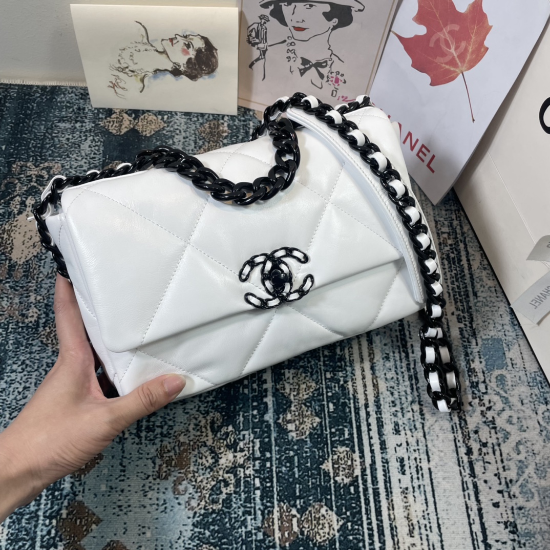 [TOP] CHANEL Lambskin 19 Bag 26x9x16cm - White&BHW