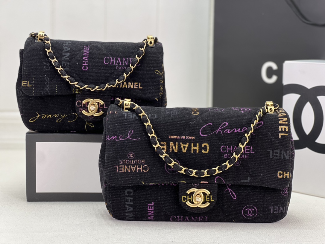 [TOP] CHANEL Flab Bag Graffiti Denim 23x14x8cm/28×16×6cm - 2 Color