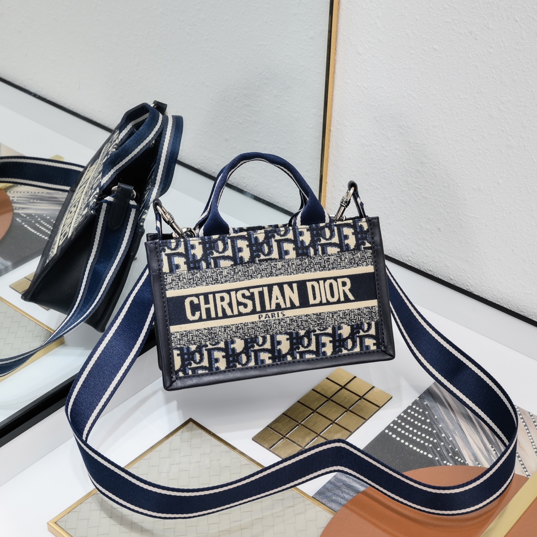 [TOP] Christian Dior Book Tote Bag Mini 21.5x13x7.5cm with Blue Print Embroidery