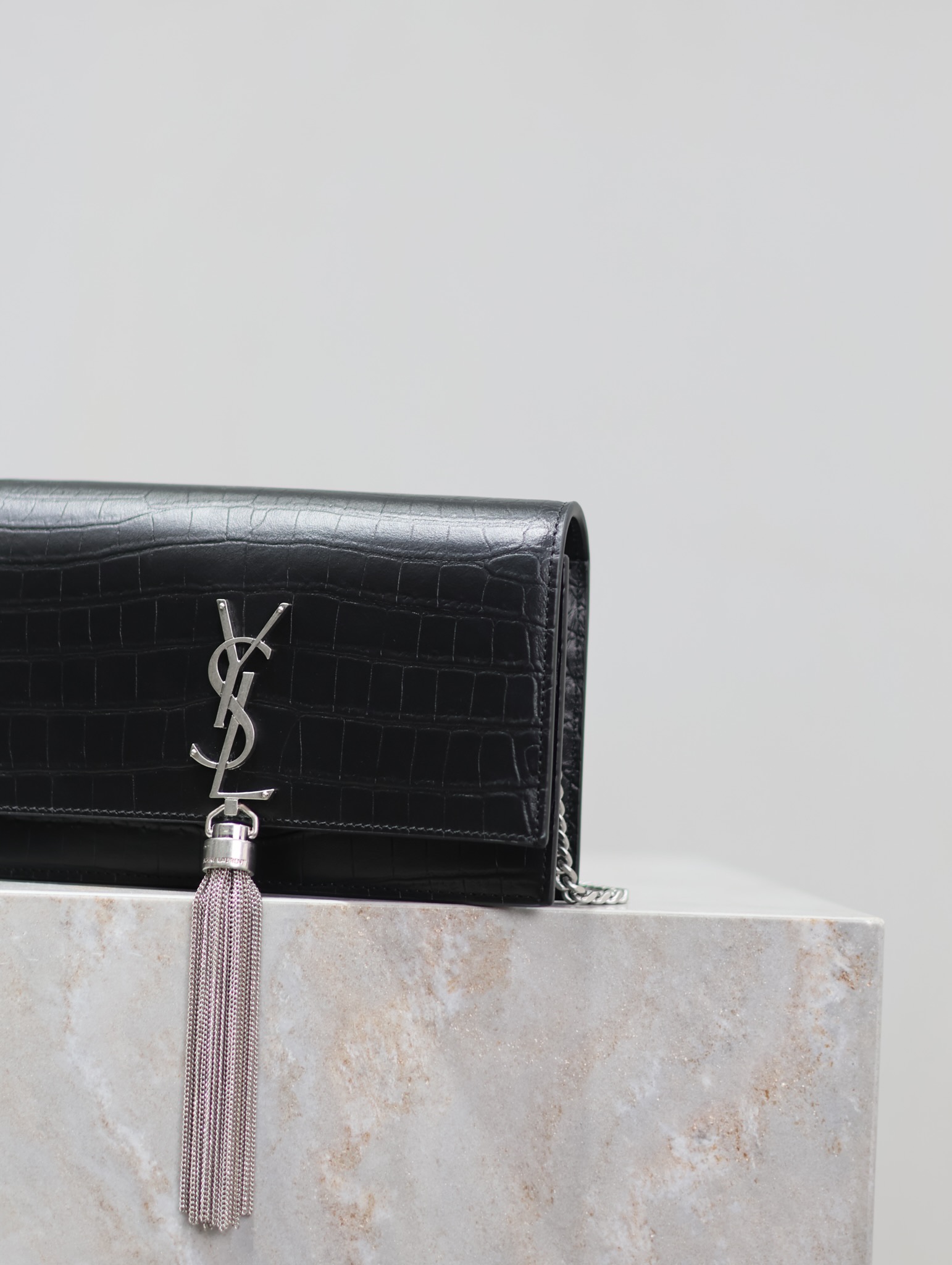 [TOP] Yves Saint Laurent YSL Kate Tassel Bag Matte Croc Embossed Cowhide 19x12.5x4cm - Black&SHW