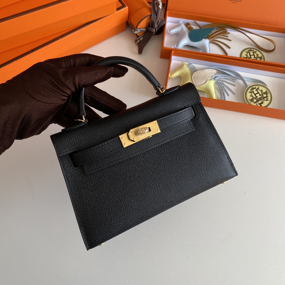 [TOP] HERMES Epsom Kelly Mini 19 CM - Black & GHW