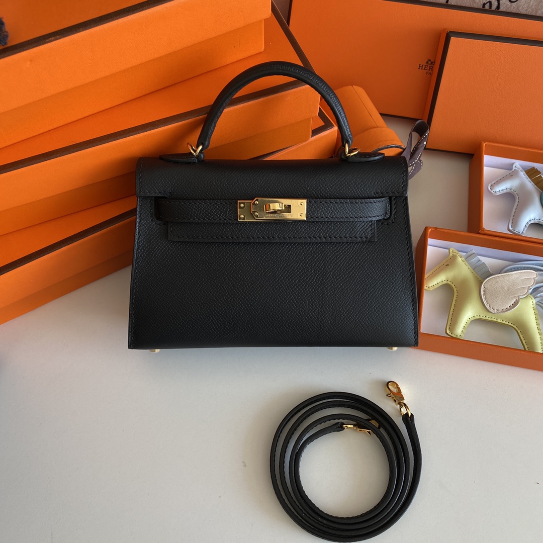 [TOP] HERMES Epsom Kelly Mini 19 CM - Black & GHW