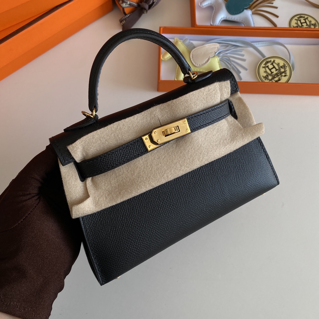 [TOP] HERMES Epsom Kelly Mini 19 CM - Black & GHW