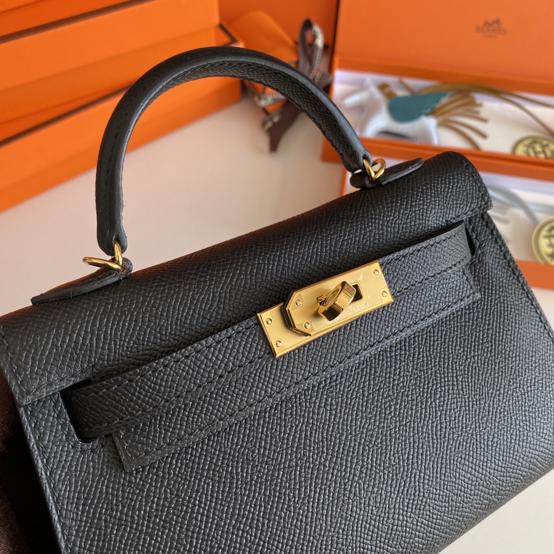 [TOP] HERMES Epsom Kelly Mini 19 CM - Black & GHW