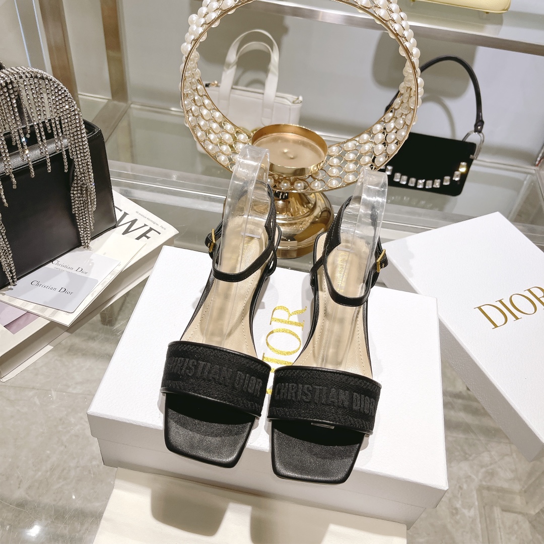 [TOP] Christian Dior Square Toe Chunky Heel(3.5cm/7.5cm) Sandals with Three-dimensional Logo Embroidery - 10 Color